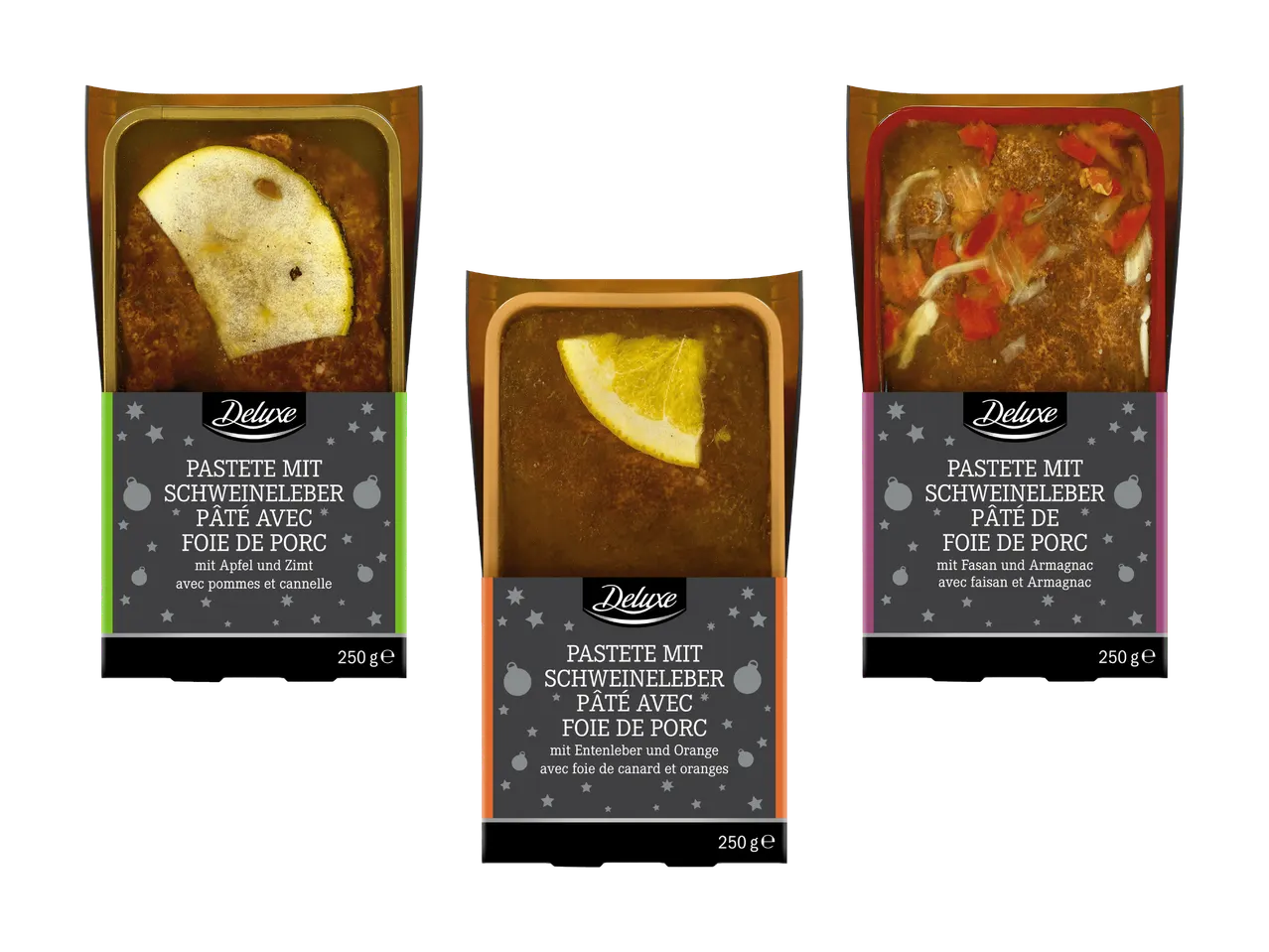Tre paté di fegato di maiale Deluxe, uno con mela e cannella, uno con fegato d'anatra e arance, e uno con fagiano e Armagnac.