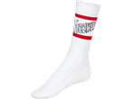 White athletic sock with red stripes and black text on the ankle.