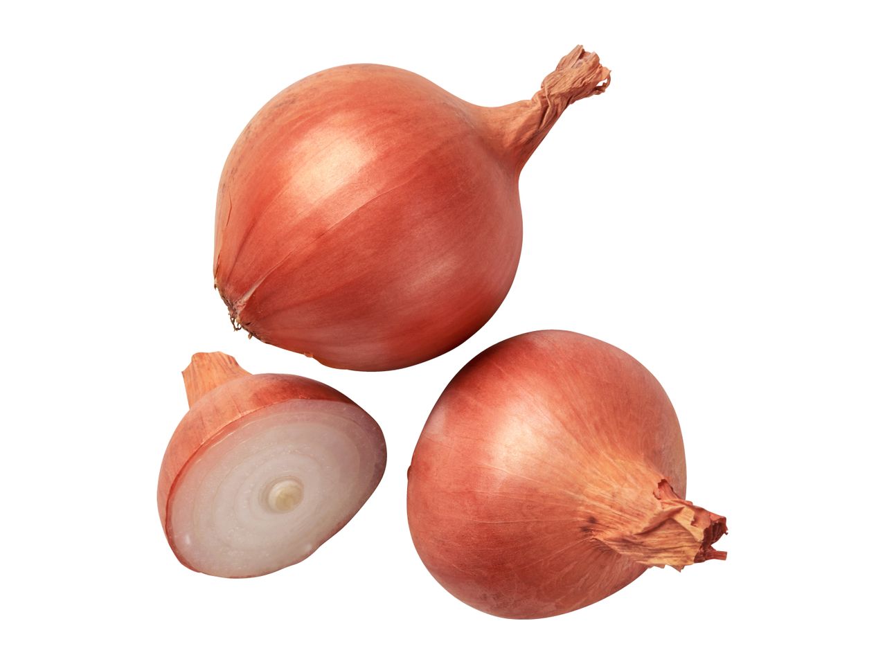 Three red onions, one cut in half, on a white background.