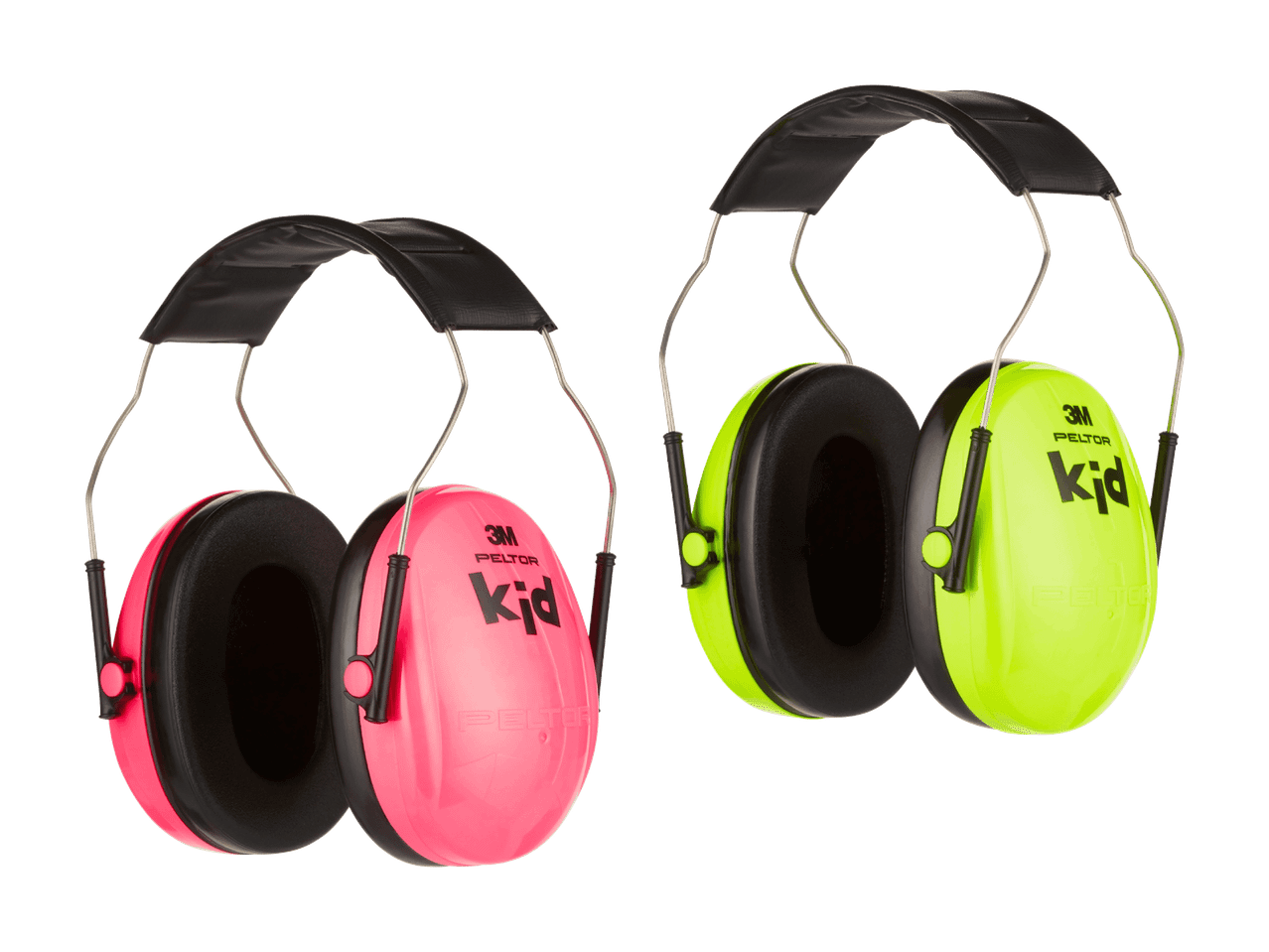 Deux casques antibruit pour enfants, un rose vif et un jaune fluo.