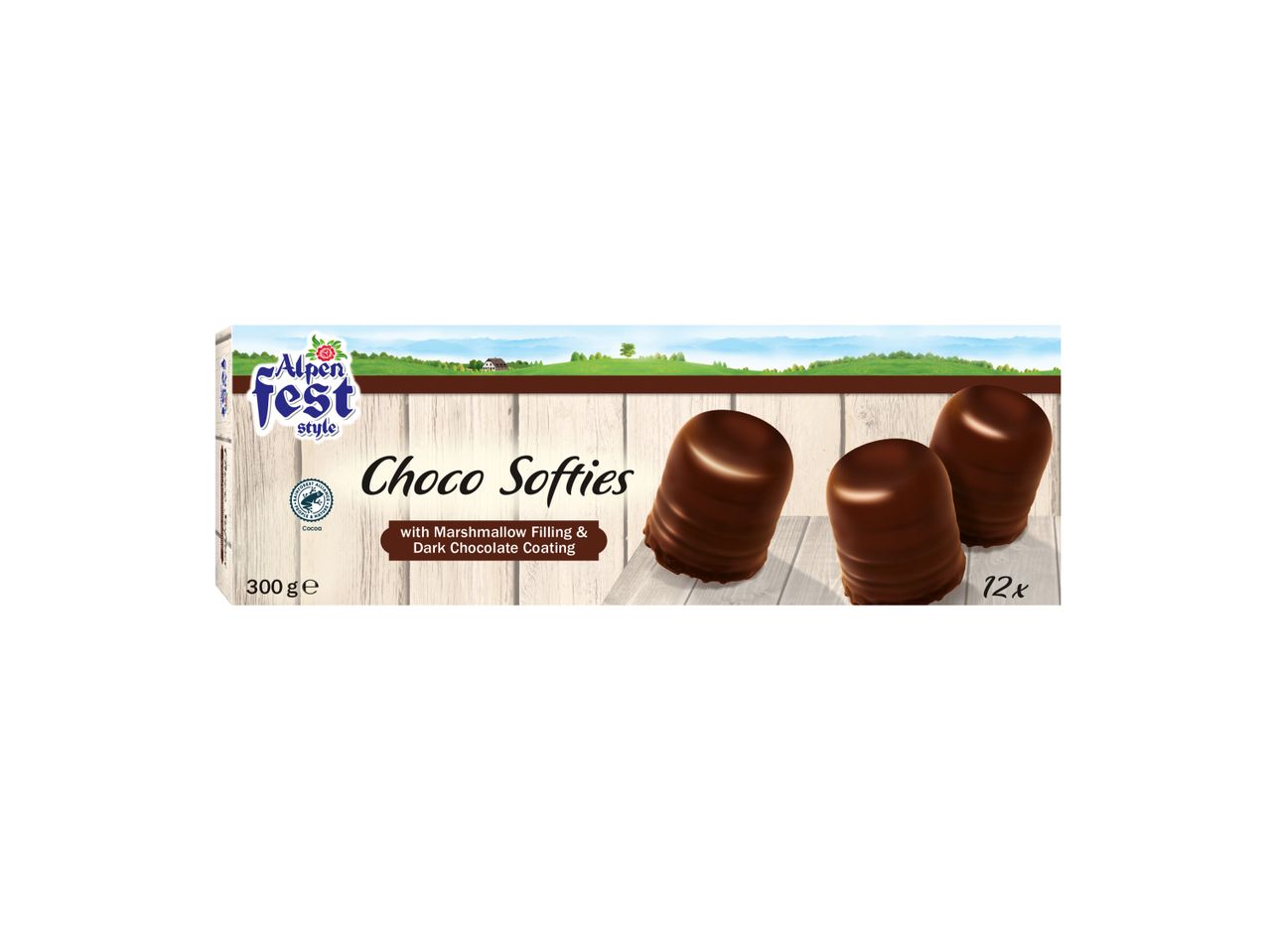 Alpenfest Choco Softies with marshmallow filling and dark chocolate coating, 300g, 12 count.
