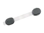 Grey and clear child safety lock for cabinets and drawers, angled on a white background.