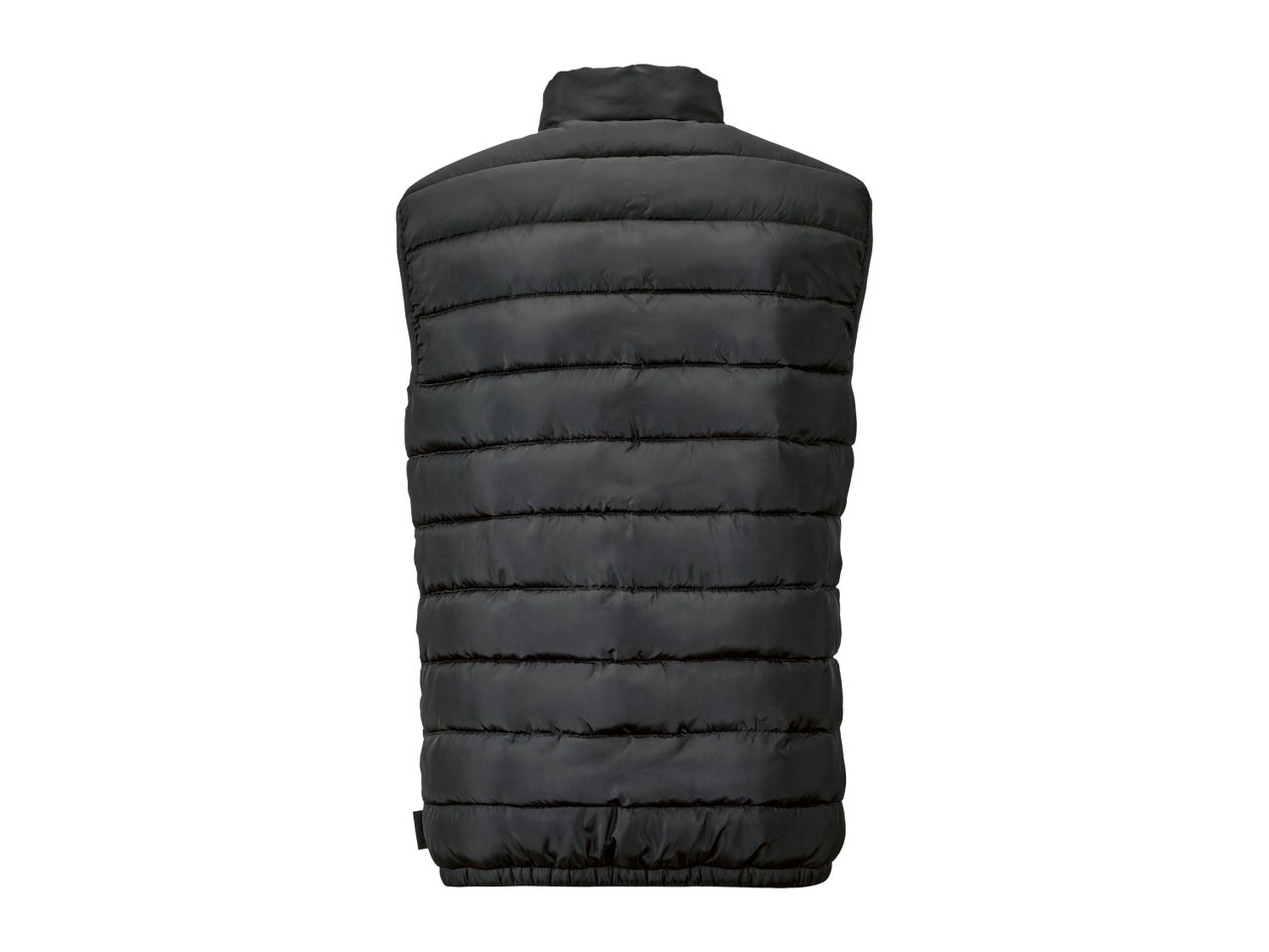 Black puffer vest with horizontal quilting, seen from the back.