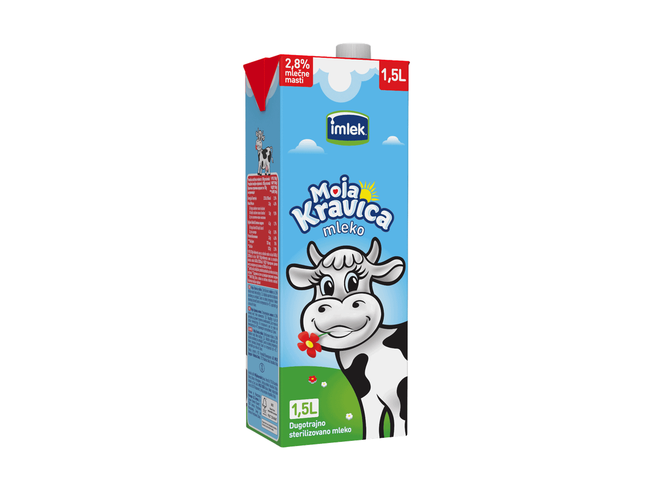 Karton mleka sa 2,8% mlečne masti, 1,5L, sa crtežom krave i cvećem.