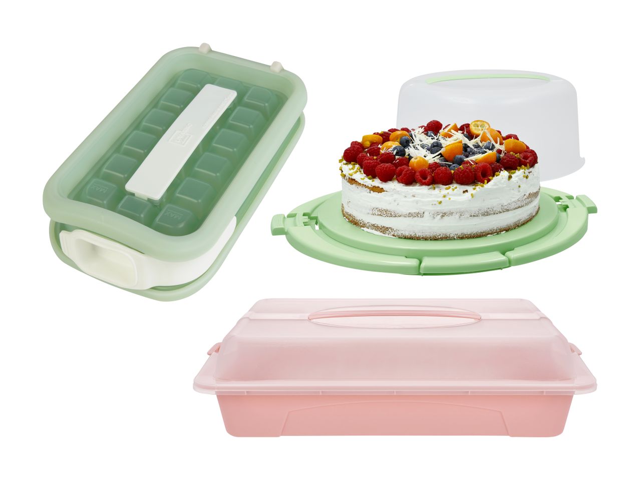 Isbakke, kageopsats med kage og kageboks i pastelfarver.