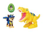 Paw Patrol Chase and a yellow T-Rex dinosaur toy.