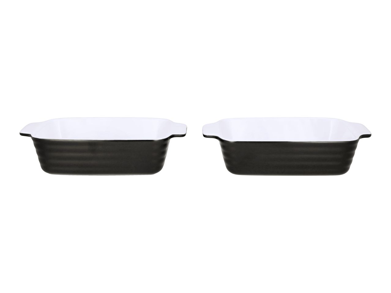 Two rectangular black and white ceramic baking dishes with handles.