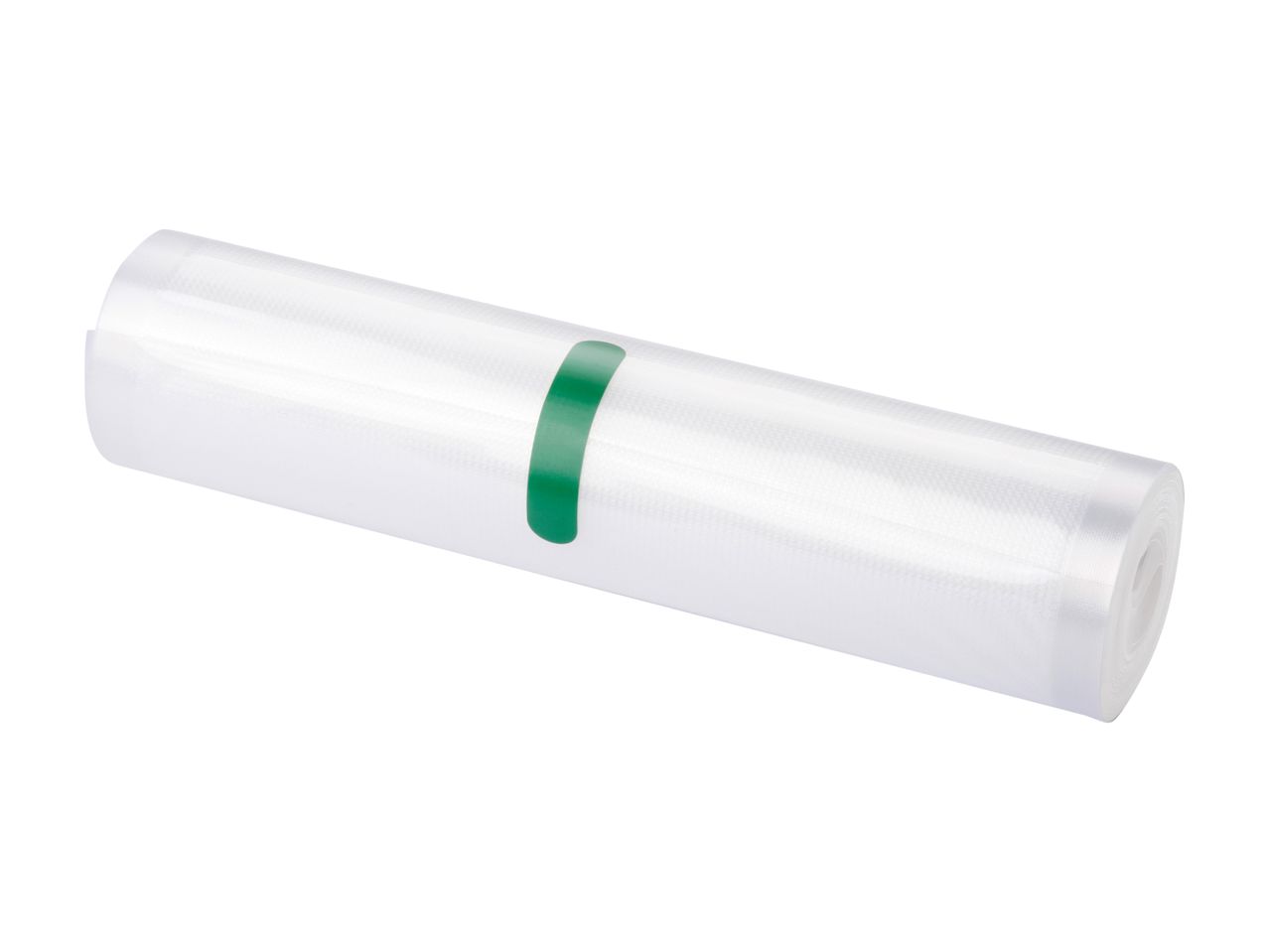 A roll of clear plastic food wrap with a green band.