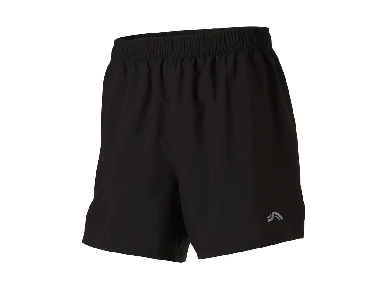 Black men's sports shorts with an elastic waistband and a small reflective logo.