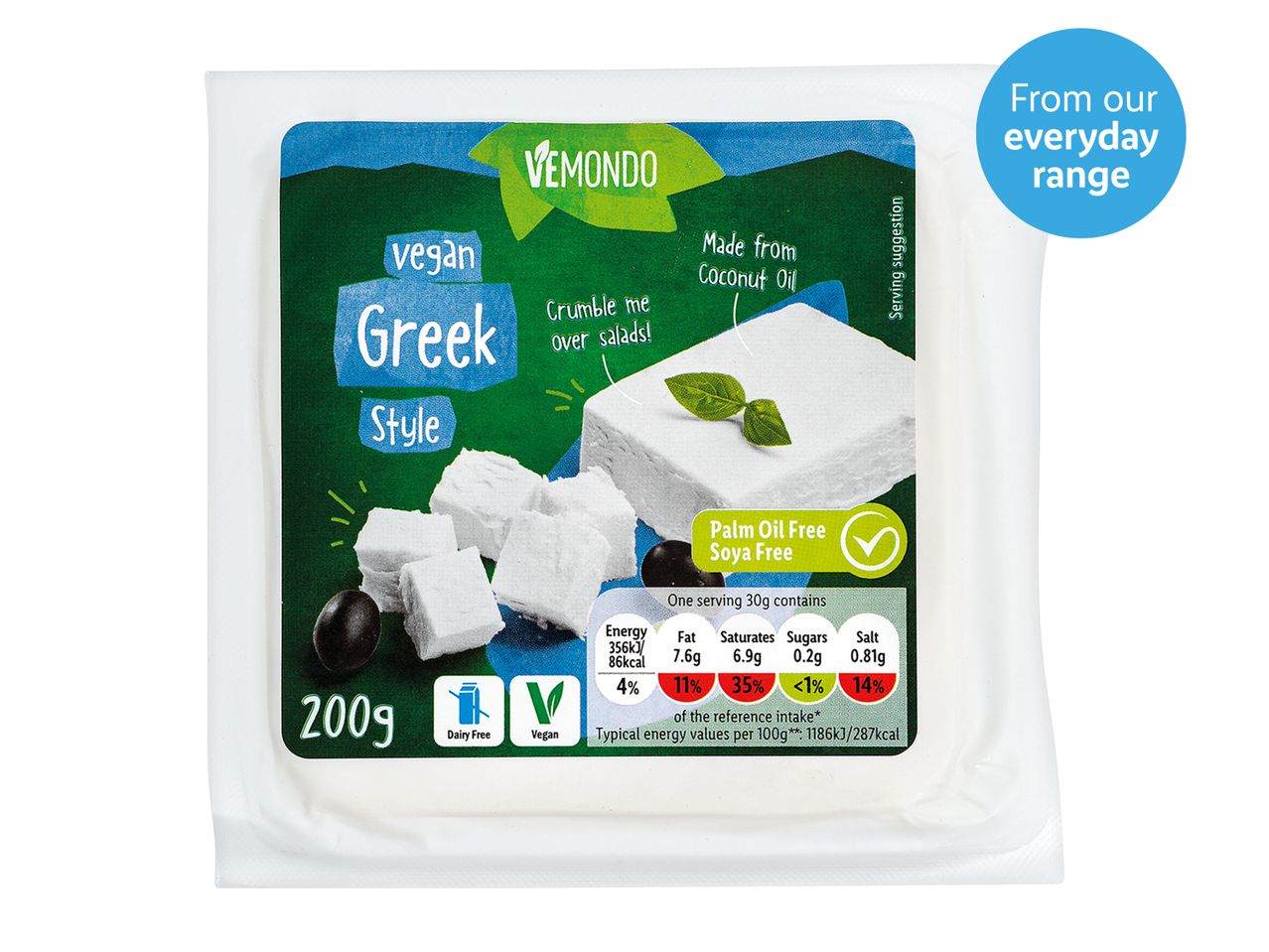 Vemondo vegan Greek style cheese, 200g, palm oil free.
