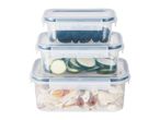 Three stackable clear plastic food storage containers with lids.