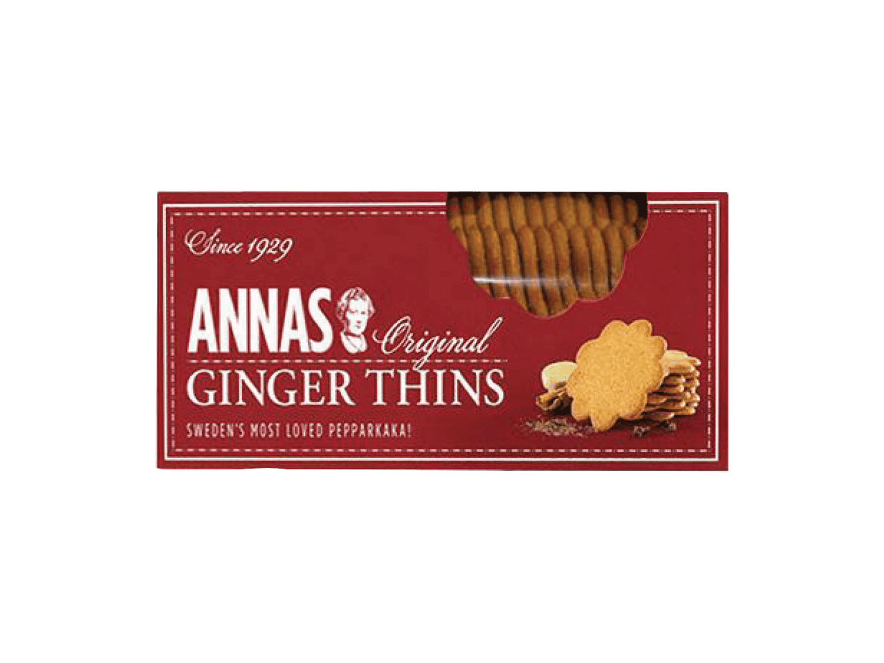 Raudona „Annas Original Ginger Thins“ imbierinių sausainių pakuotė su sausainiais ir užrašu „Sweden's Most Loved Pepparkaka!“
