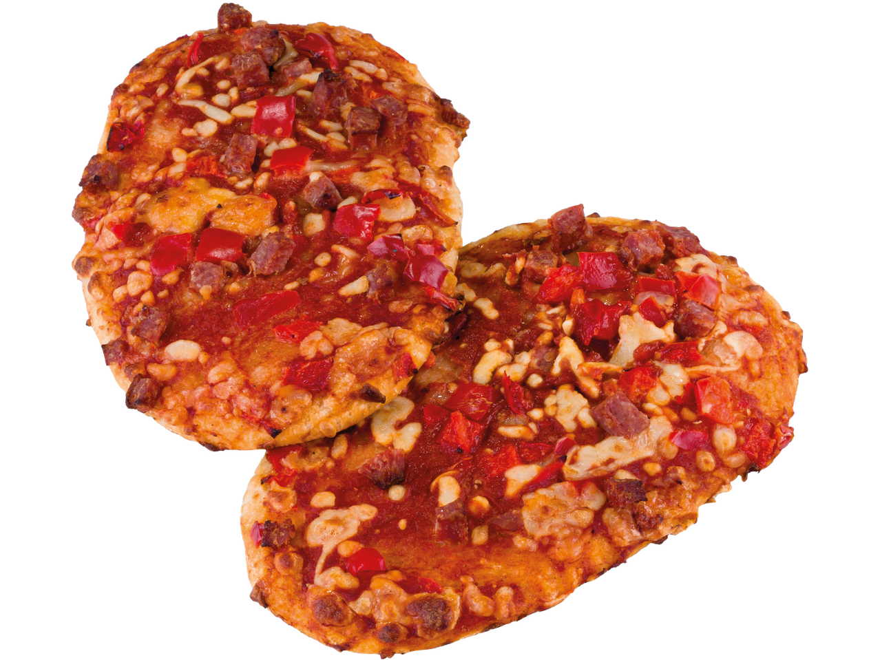 Två minipizzor med röd paprika, korv och ost.