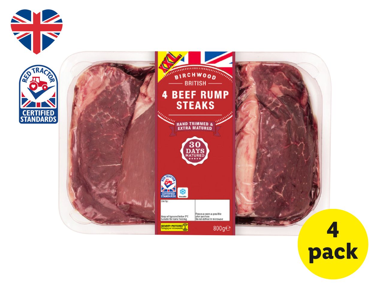 Birchwood British 4 Beef Rump Steaks (800g), Red Tractor Certified Standards.