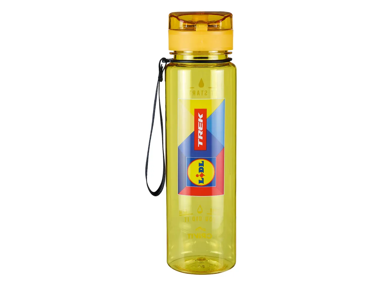 Gourde jaune avec anse, idéale pour la randonnée ou le sport.