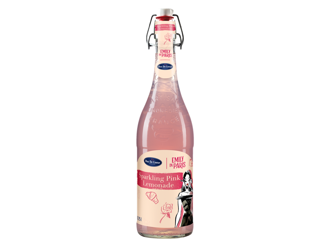 Sparkling pink lemonade bottle with a swing top, featuring a Parisian theme.