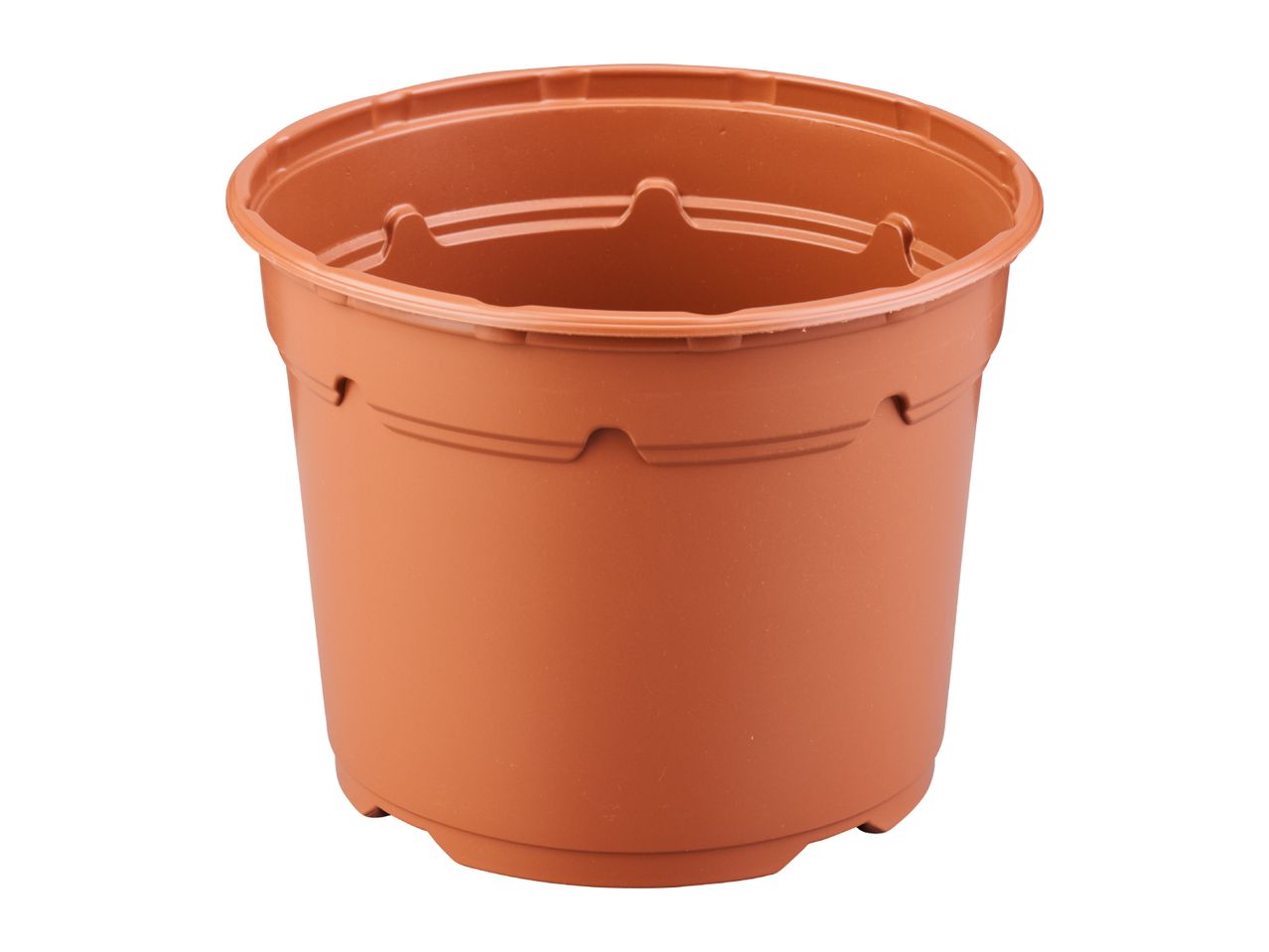 Terracotta-colored plastic plant pot with a wide rim and drainage holes
