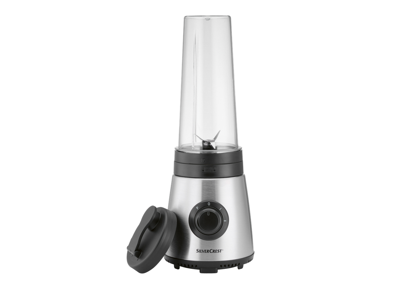 Ασημένιο μπλέντερ κοκτέιλ Silvercrest® Smoothie-Maker με αποσπώμενο καπάκι.