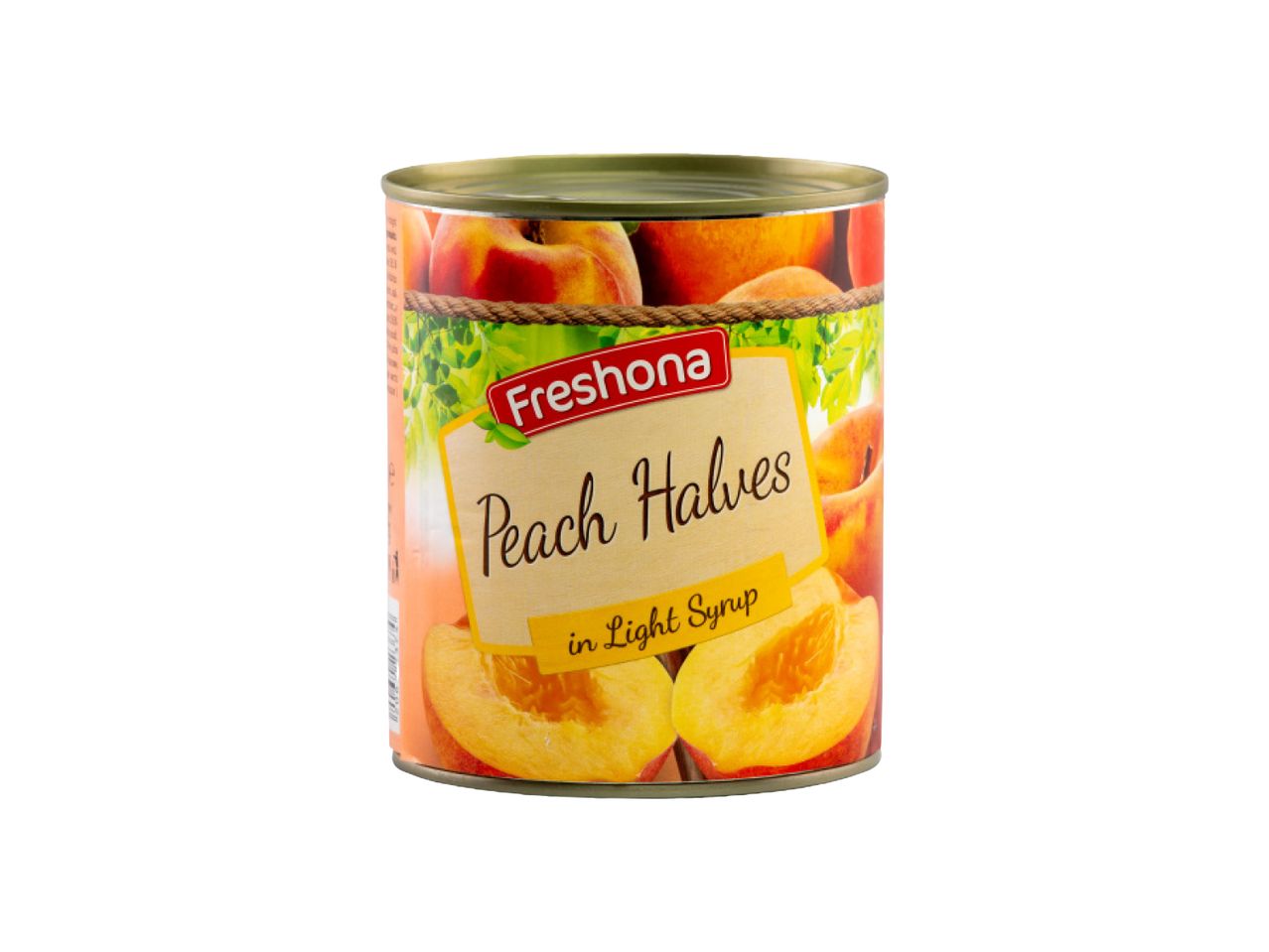 Konzerva breskvi prepolovljenih u svetlom sirupu, sa natpisom 'Freshona Peach Halves'.