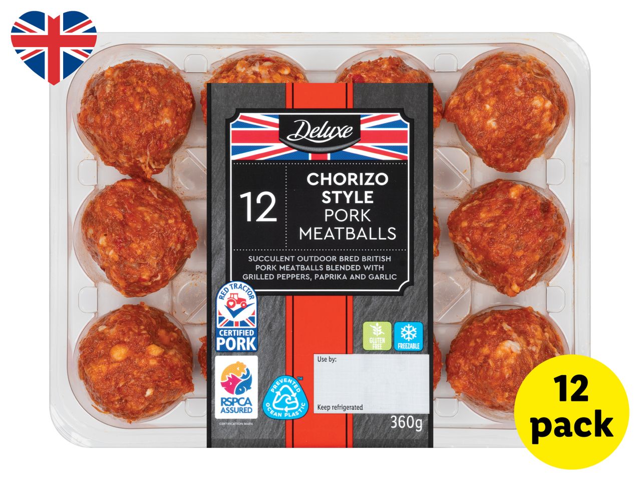 12 Chorizo Style Pork Meatballs in a clear tray, with a label detailing ingredients and certifications.