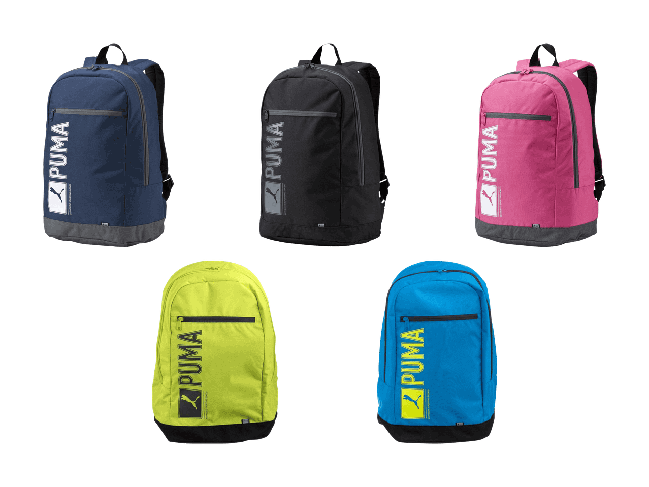 Fünf Puma-Rucksäcke in verschiedenen Farben: Blau, Schwarz, Fuchsia, Limettengrün und Hellblau.