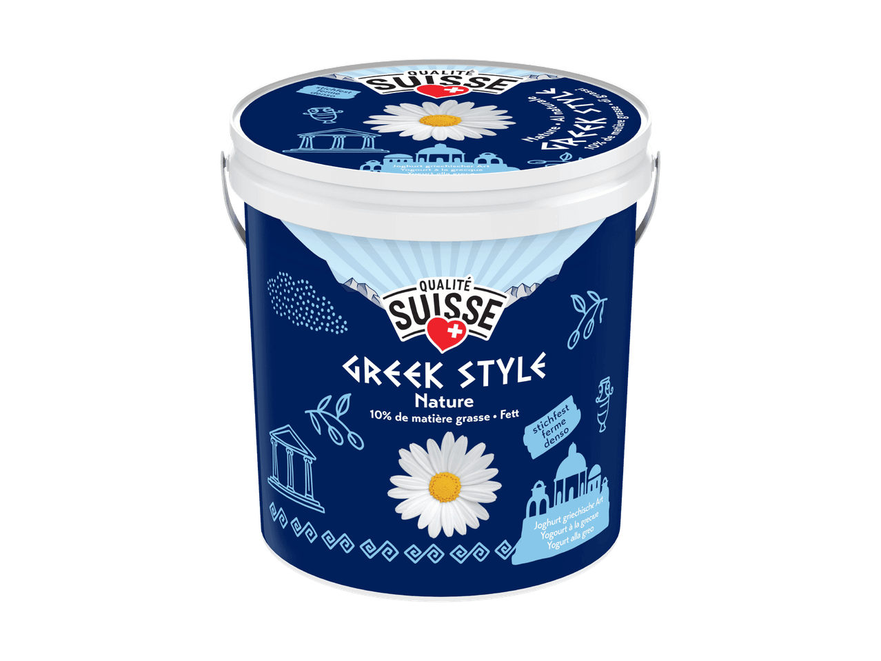 Griechischer Joghurt Natur im Eimer, 10% Fett, mit Schweizer Qualitätslabel und griechischen Motiven.