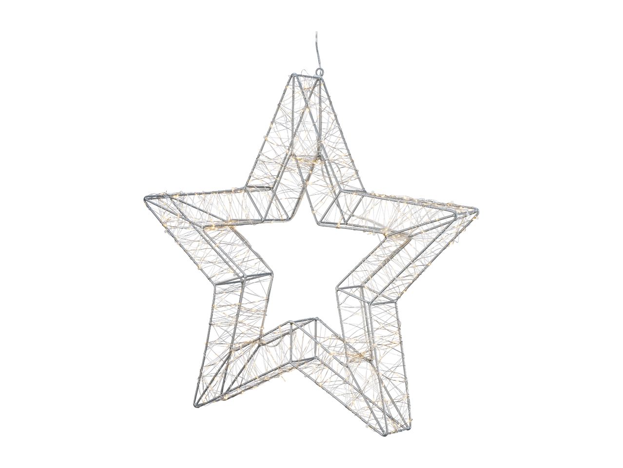 Illuminated star decoration with warm white LED lights, made from a silver wire frame.