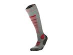 A single gray and red ski sock with reinforced areas on a white background.