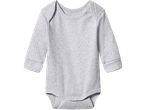 Light grey ribbed long-sleeved baby bodysuit with snap fasteners at the crotch.