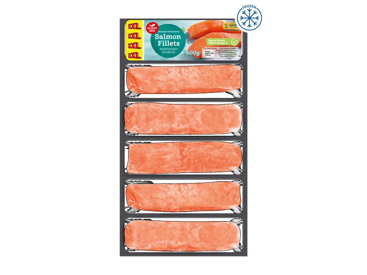 Ocean Sea responsibly sourced frozen salmon fillets (600g).