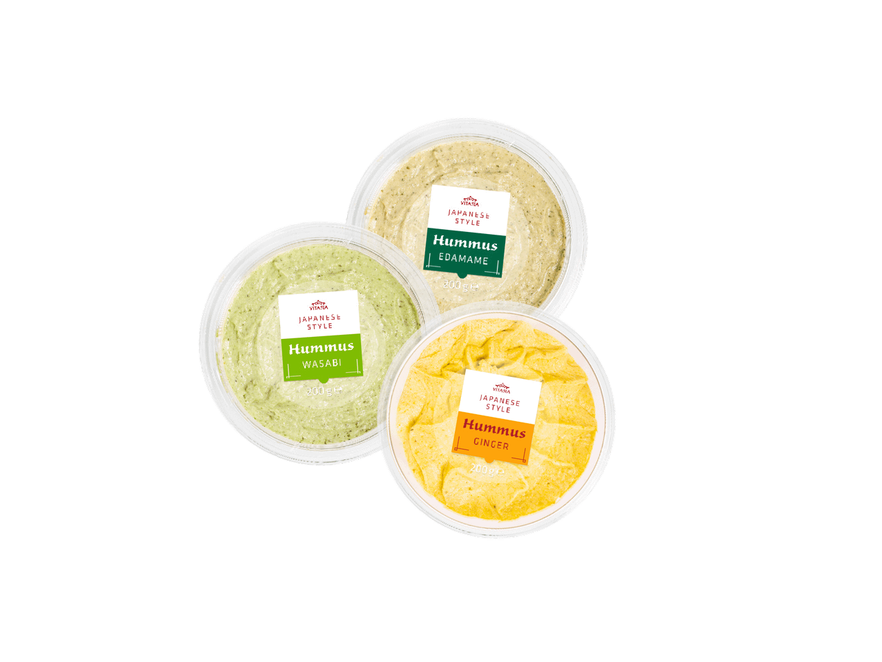 Tri pakovanja humusa u japanskom stilu: vasabi, edamame i đumbir.