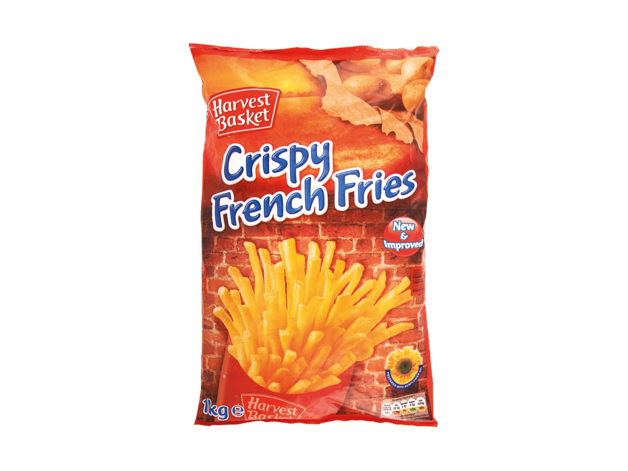 A bag of crispy french fries with a brick wall background and nutritional information.