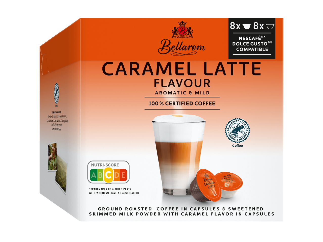 Кутия с капсули за кафе с вкус на карамел лате, съвместими с Dolce Gusto, с Nutri-Score C.