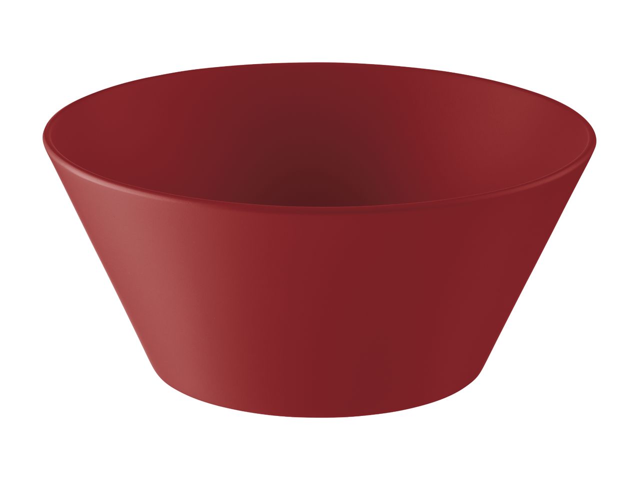 En rød, konisk urtepotte eller skål på en hvid baggrund.