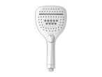 Chrome-plated handheld shower head with multiple spray settings on a white background.