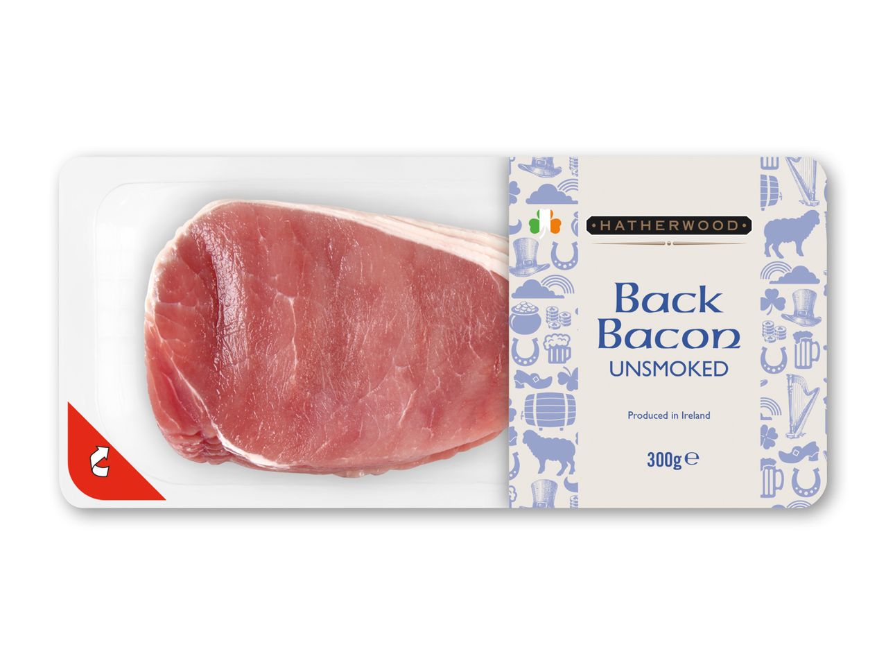 Pakke med Hatherwood Unsmoked Back Bacon, 300g, produceret i Irland.