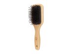 A wooden paddle hairbrush with black bristles and a brand logo on the handle.