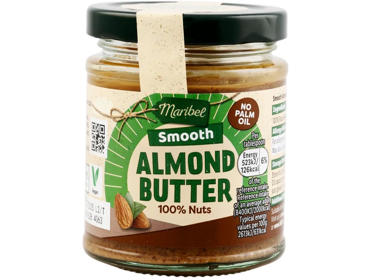 A jar of Maribel Smooth Almond Butter, made from 100% nuts and no palm oil.