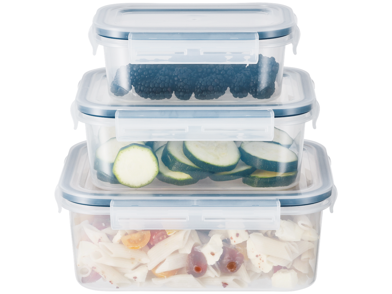 Trei recipiente din plastic suprapunibile cu mure, dovlecei și salată de paste.