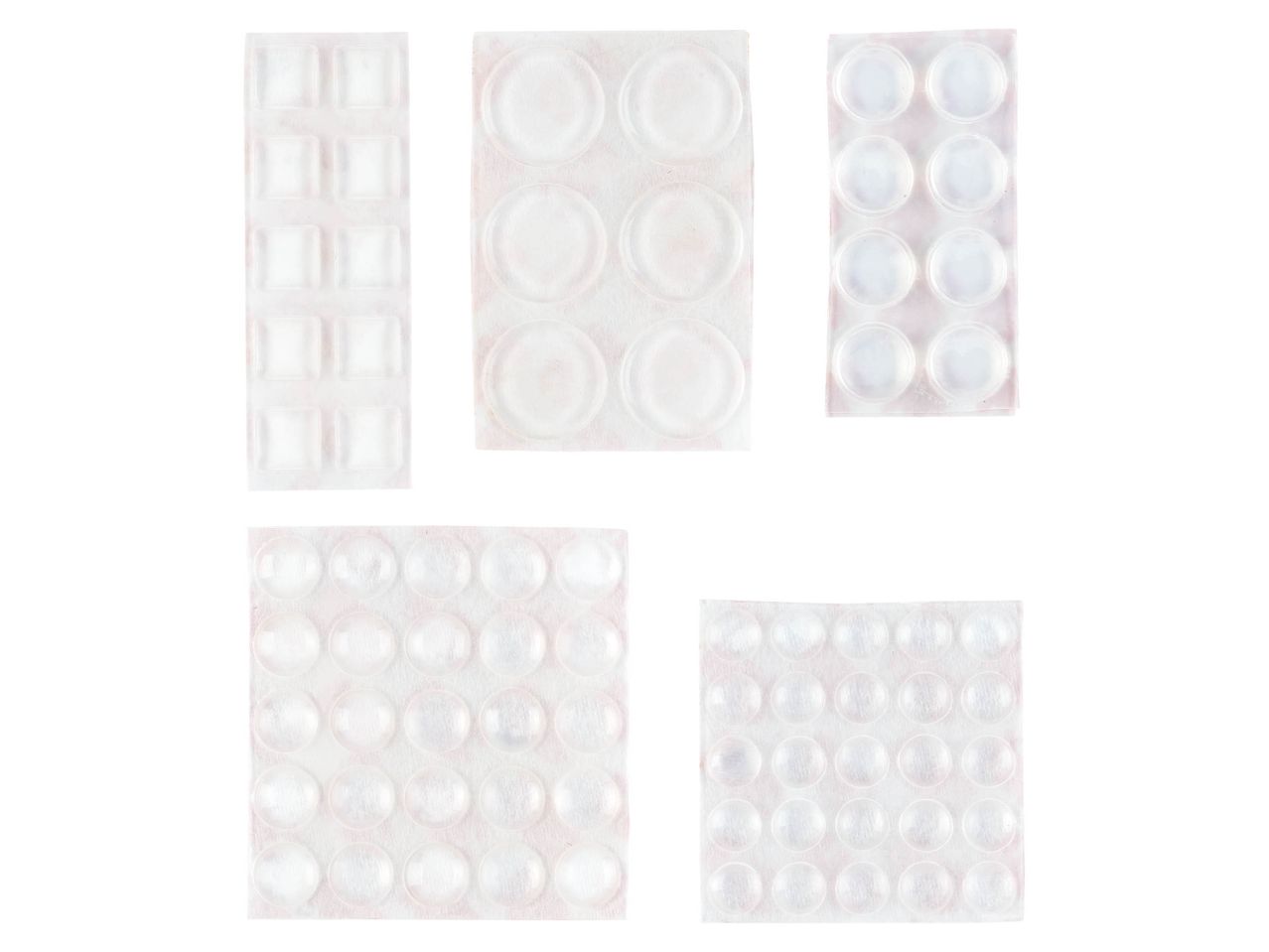 Various clear self-adhesive bumper pads in square and circular shapes.