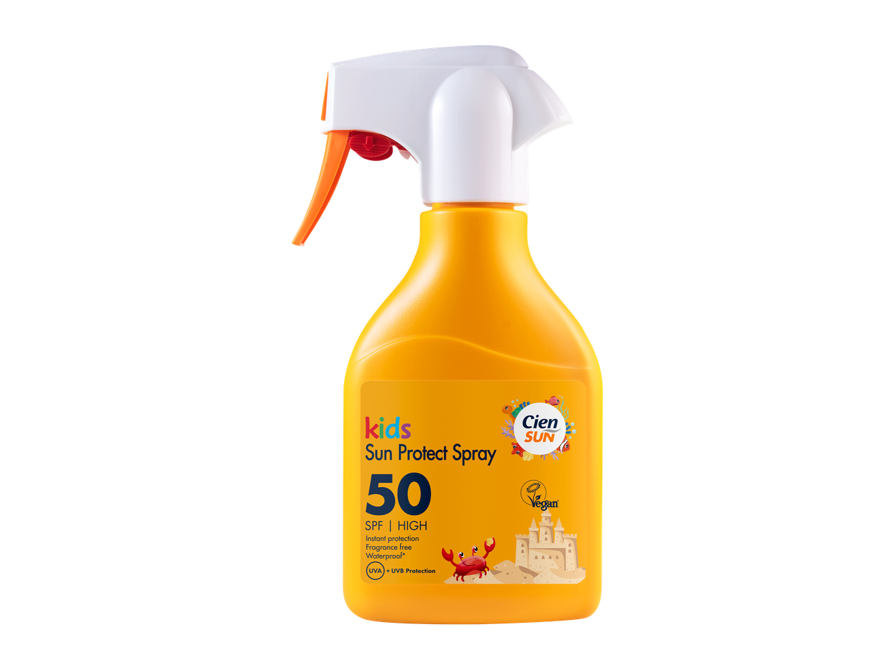 Keltainen lasten aurinkosuojasuihke, jossa on SPF 50, vedenkestävä ja vegaaninen.