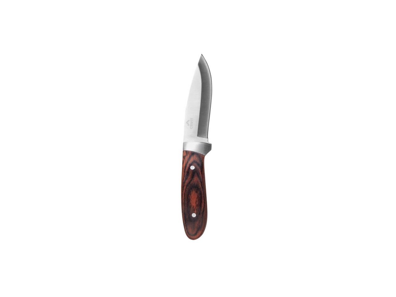 A Crivit brand hunting knife with a wooden handle.