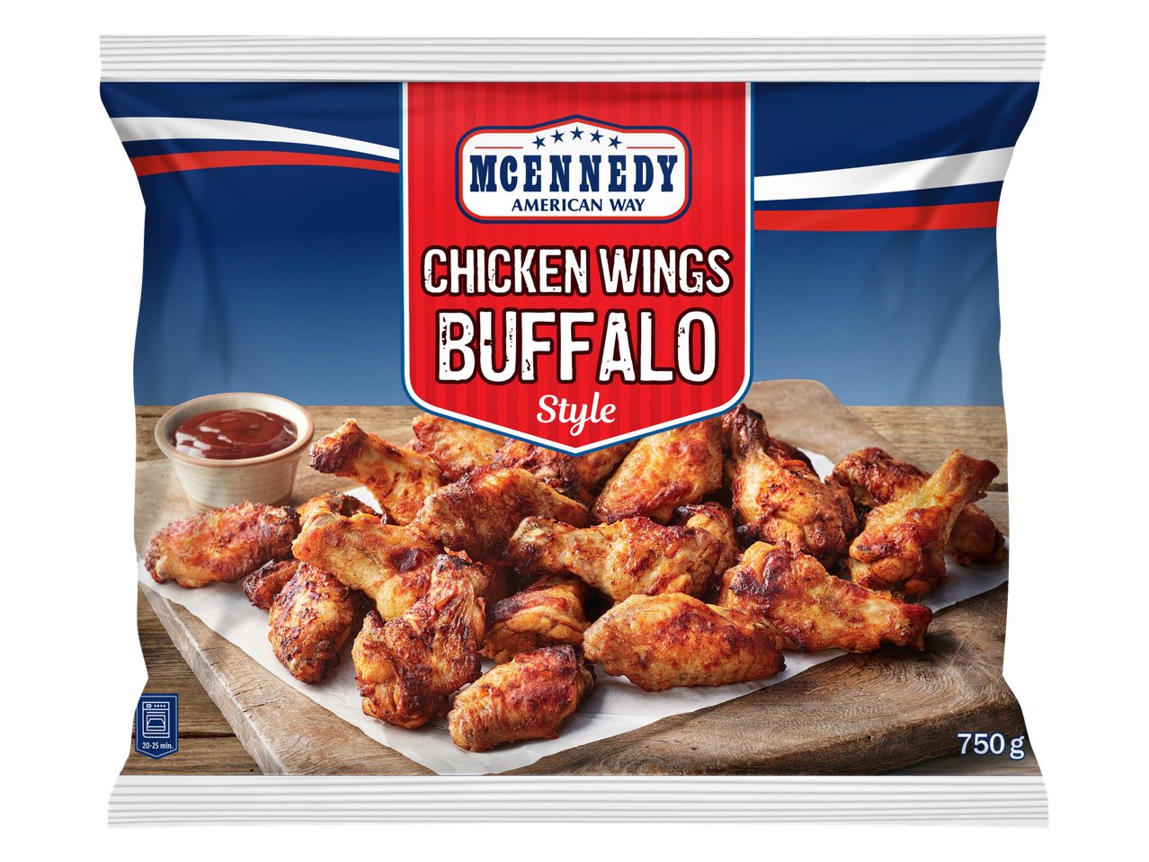 McEnnedy Buffalo Style Chicken Wings packaging with cooked wings and sauce.