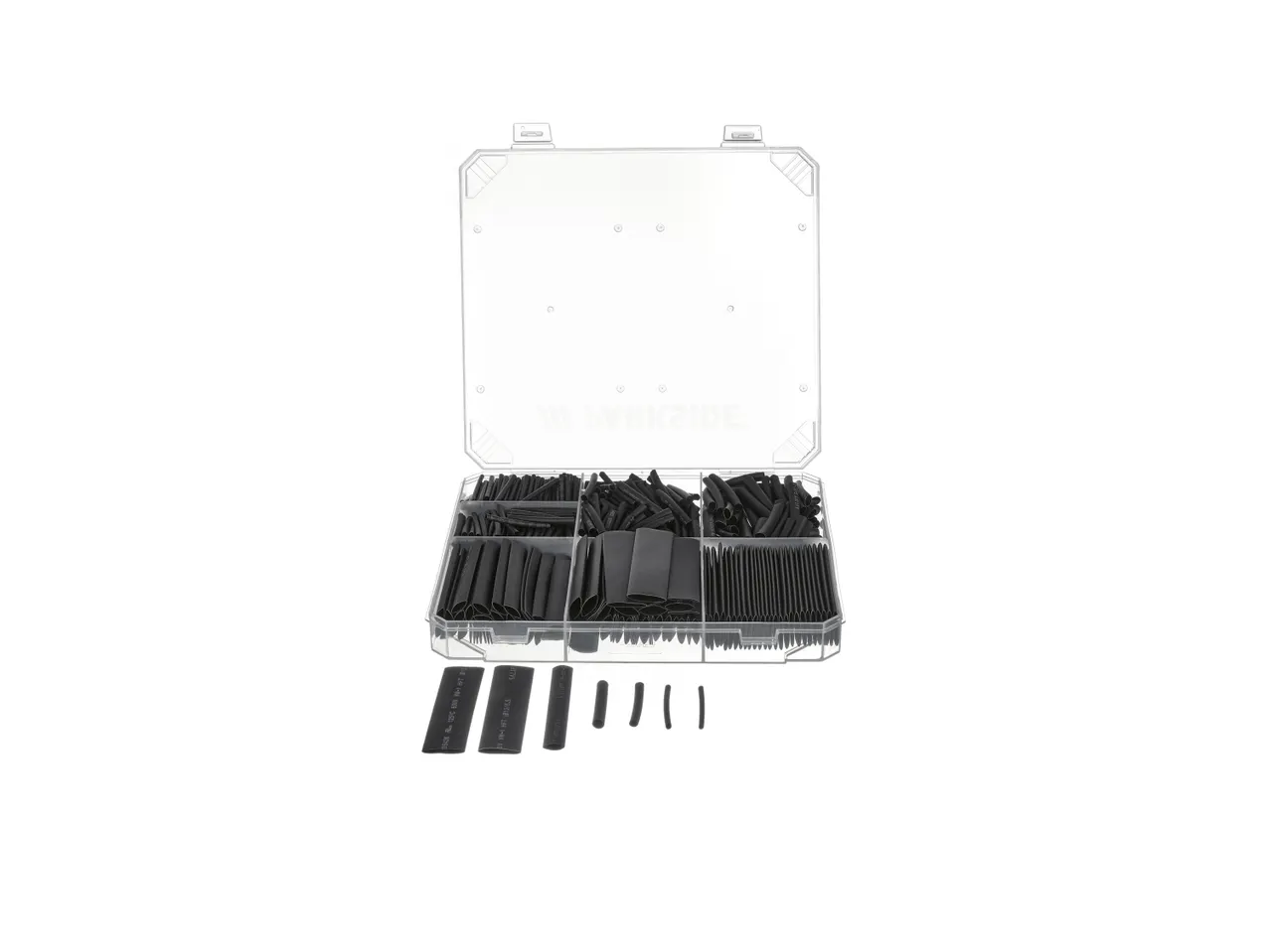 Assortimento di guaine termorestringenti in scatola di plastica trasparente.