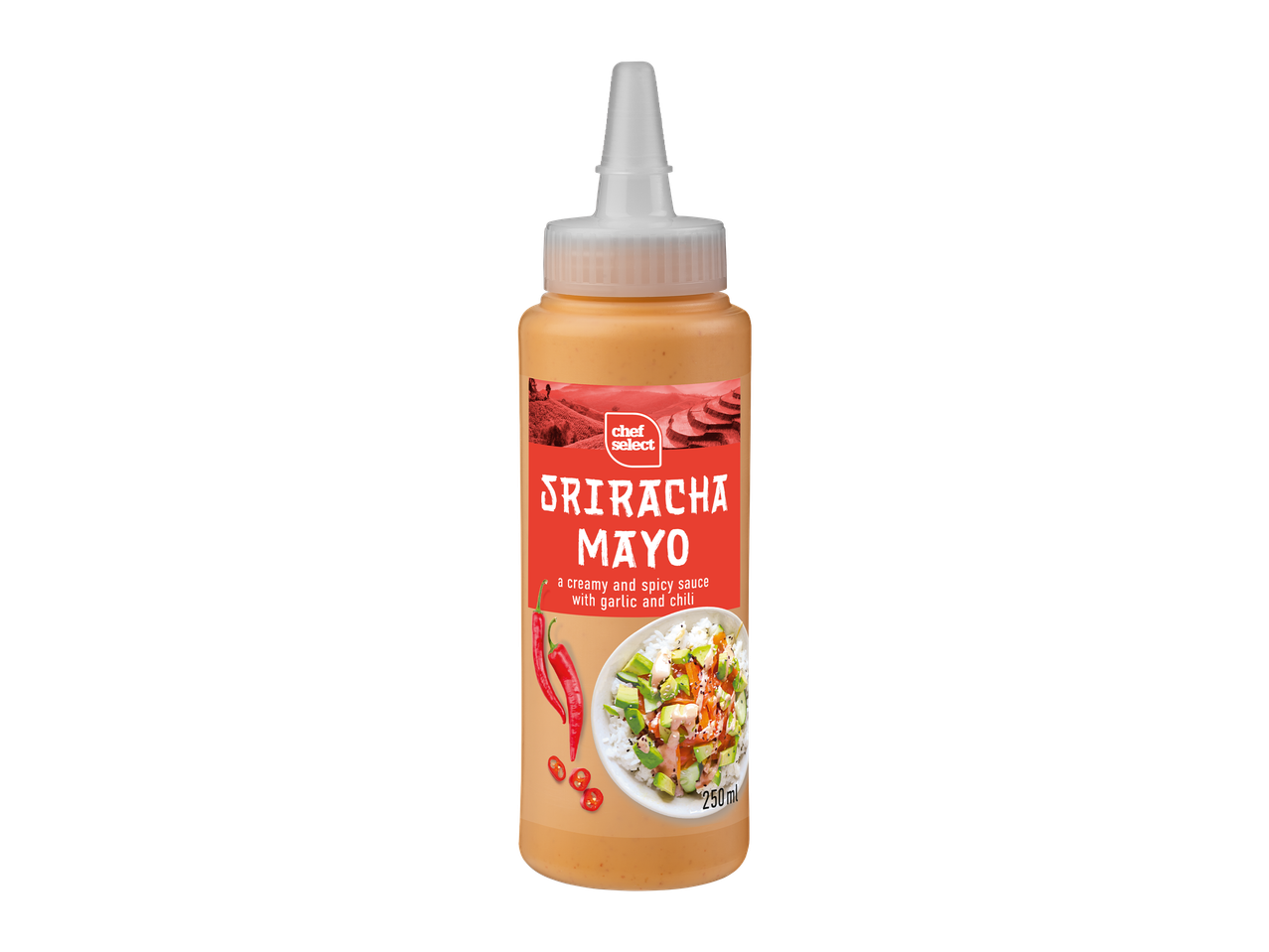 Sriracha-majoneesipullo, jossa on kuva riisikulhosta ja chileistä.