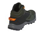 Dark green and black mid-cut hiking boot with orange details, viewed from the back