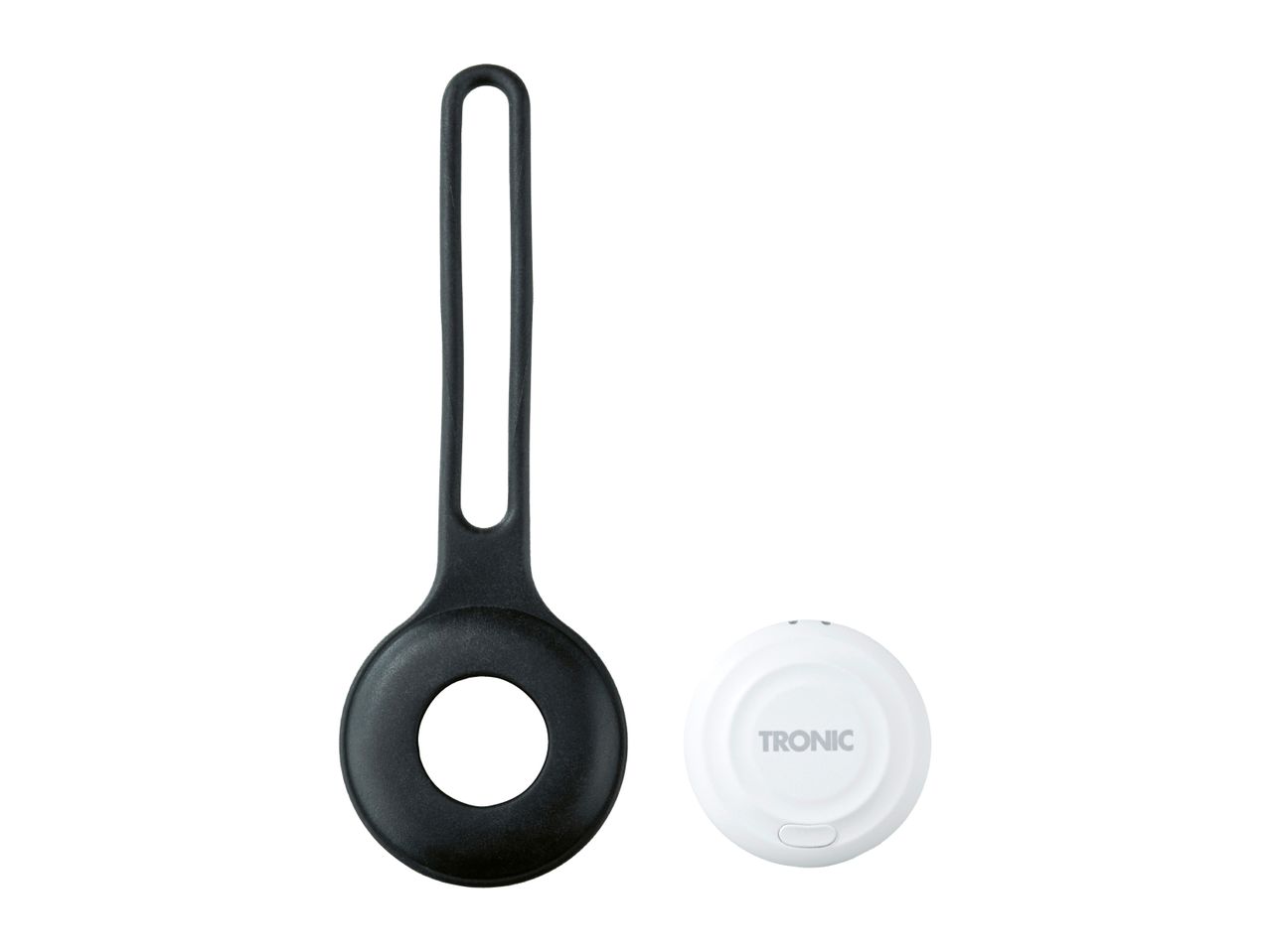 Black silicone holder for a white round device with a button and indicator lights