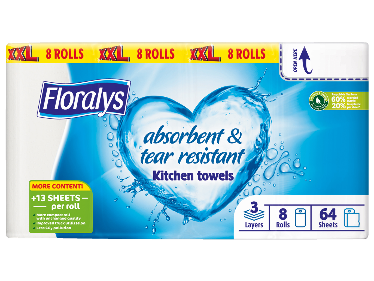 Floraly keukenrollen, 8 XXL rollen, absorberend en scheurbestendig.