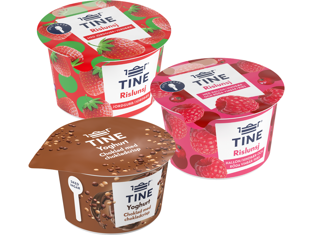 Tre Tine-yoghurtar: jordgubb, hallon och choklad.