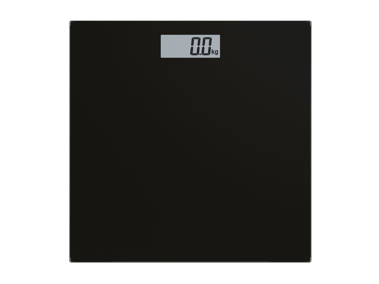 Black digital bathroom scale displaying 0.0 kg.